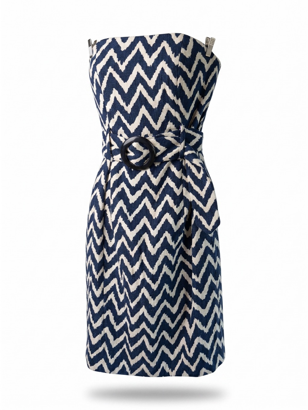MILLY of New York Strapless Chevron Tweed Pencil Dress. Indigo Blue and White - Picture 4 of 15